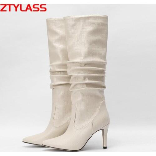 2021 Autumn Winter Fashion Pleated Knee High Boots Print Pu Leather Women Boots Thin High Heel Long Boots Slip On Woman Shoes