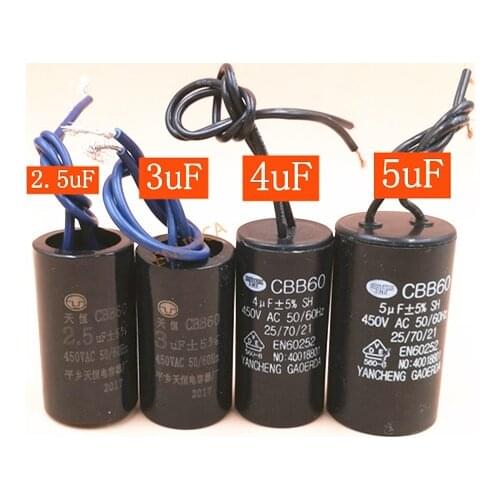 1pcs CBB60 450V 1uf 1.5uf 1.8uf 2uf 2.5uf 3uf 3.5uf 4.5uf 7uf 9uf 11uf 13uf Capacitor AC 50Hz/60Hz motor Starting capacitor