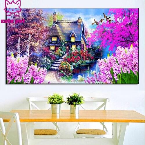 5d Cross Stitch Home Decor Lakeside houses flowers diamond painting Diamond Mosaic Pattern Square Diamond Embroidery Decor Kit