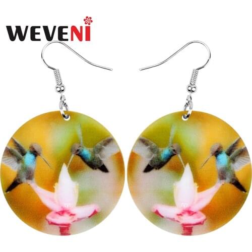 WEVENI Acrylic Round Hummingbird Earrings Flower Lovely Bird Animal Dangle Drop Jewelry For Women Girl Fashion Summer Decoration