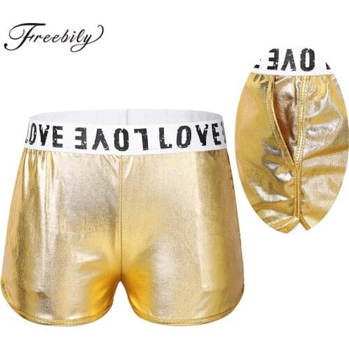 Kids Girls Dancewear Glossy Metallic Elastic Waist Shorts Workout Jazz Ballet Gymnastic Shorts Stage Performance Costume
