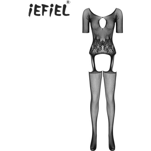 Women See-through Fishnet Bodystocking Hallow Out Crotchless Bodysuit Round Neck Lingerie Jumpsuit Slim Fit Catsuit Teddies