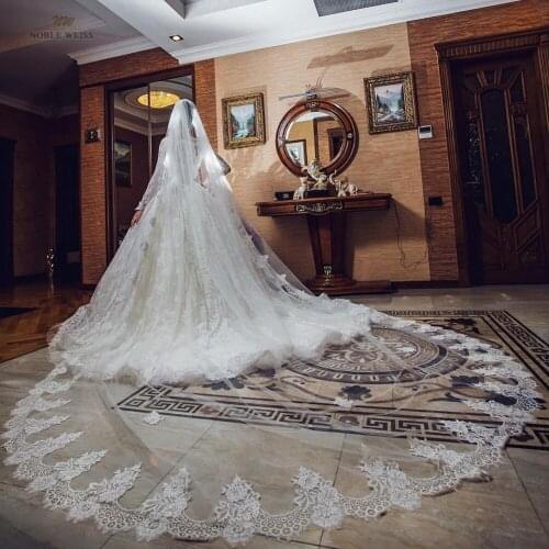 Gorgeous 4M Long Wedding Veils With Lace Applique Edge One Layer Cathedral Length Veils With Comb Tulle Bridal Veil