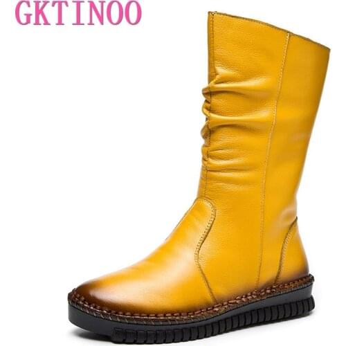 GKTINOO 2020 Womens Boots Autumn Leather Handmade Retro Flat Boots Flat Shoes Genuine Leather Boots for Women