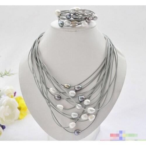 Hot sell Noble- P5225 15row 13mm black white gray rice pearl gray leather necklace & bracelet ^^^@^Noble style Natural Fine jewe