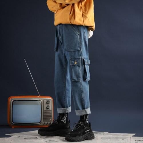 Mens Thicken Baggy Homme Pocket Classic Jeans Black/blue Color Haren Casual Cargo Pants High-quality Trousers Size S-2XL