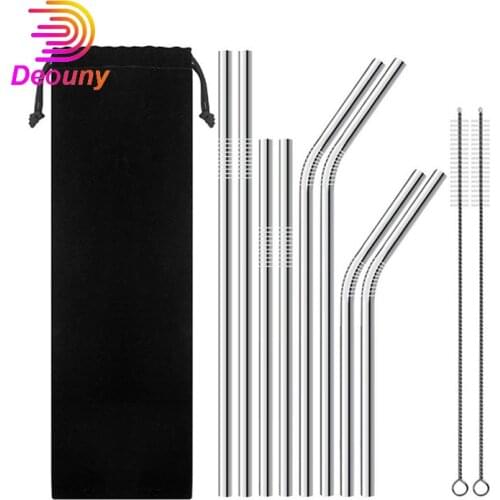 DEOUNY Stainless Steel Metal Straw Bulk 8 Set Reusable Drinking Straws With 2 Cleaning Brush 1 Velvet Case Bar Accessories