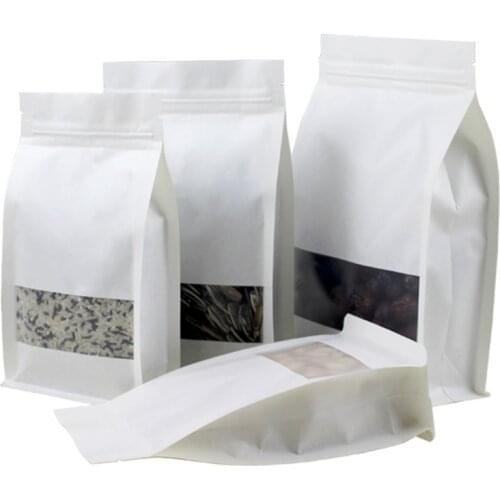 500Pcs White Kraft Paper Stand Up Side Gusset Zip Lock Package Bag with Matte Window Tear Notch Zipper Storage Bag Cereals Nuts