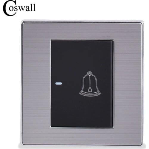 COSWALL 1 Gang Luxury Doorbell Switch Push Button Wall Switch Interruptor Brushed Silver Panel Power Conmutador 10A AC 110~250V