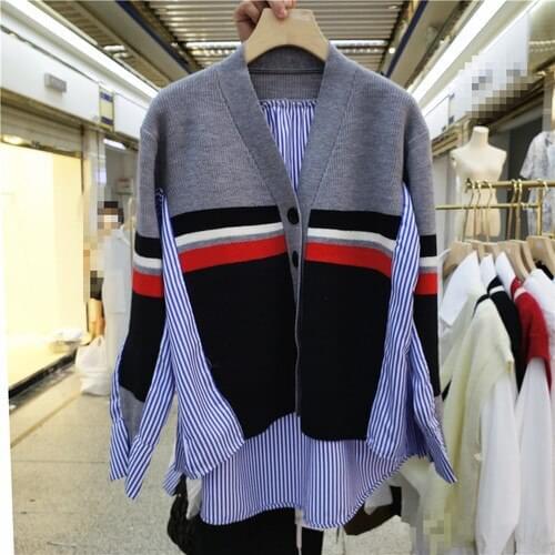 Striped Shirt Patch Knitted Cardigan Women Korean-Style Loose Coat Autumn 2021 vintage cardigan