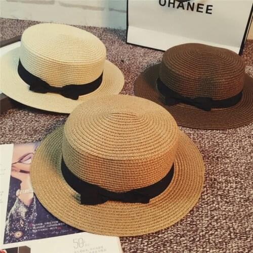 CANZE Women Summer Straw Hat Sunscreen Sunshade Hat Vintage British European American Bowknot Flat Top Hat Outdoor Beach Hat