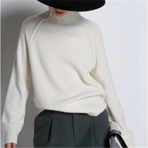 High grade goat cashmere thick knit women fashion high collar pullover sweater solid color S-L retail wholesale