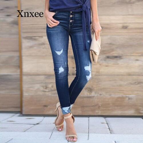 Dark blue hole long Jeans Fashion Skinny Button Ripped Zipper Pocket Trousers Jeans Casual High Waist Hole Denim Pants long