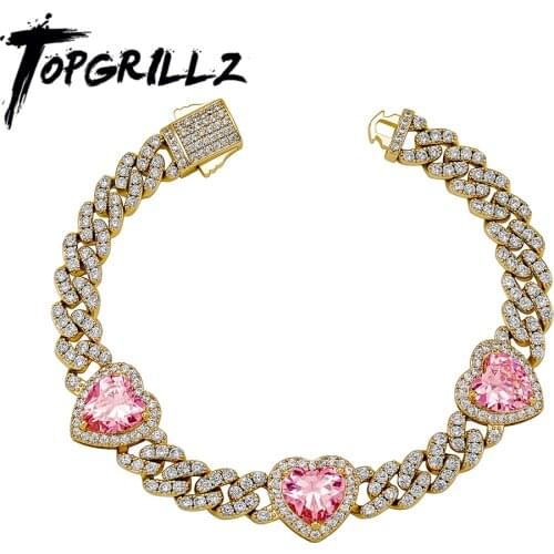 TOPGRILLZ New 8MM Cuban Bracelet with Heart Shape Bling Full Iced Out Cuban Chain Bracelet Gold Plated Jewelry Gift For Women