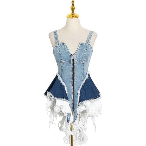 INS Hottest New Womens Distinctive Contrast Color Patchwork Tops Spaghetti Strap V-Neck Backless Cascading Ruffles Denim Vest