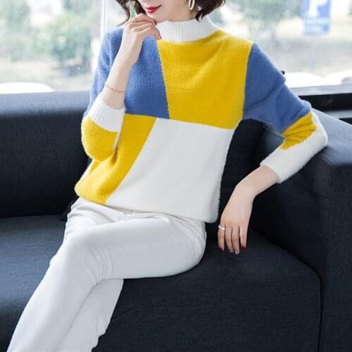 Women Patchwork Color Sweater Pullover Elegant Turtlenck Lady Plaid Sweater Long Sleeve