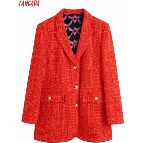 Tangada 2021 Autumn Winter Women Warm Tweed Blazer Coat Female Long Sleeve Elegant Jacket Ladies Blazer Suits BE309