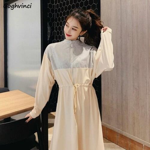 Long Sleeve Dress Women Zipper High-waist Lace-up Patchwork Fashion Elegant Korean Style Stylish Womens Students New Vestido Ins