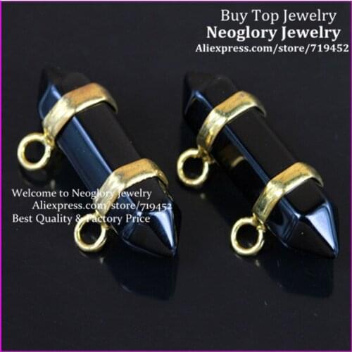 10PCS Healing Chakra Druzy Stone Stone Pendant Gold Color 2 Holes Black Stone Gems Hexagon Prism Bead Pendant Fit Necklace