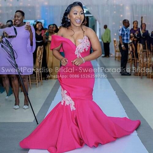 2021 Hot Pink Satin Mermaid Evening Dresses With Silver Appliques Beads One Shoulder Long Sweep Train Women Dress Party Formal