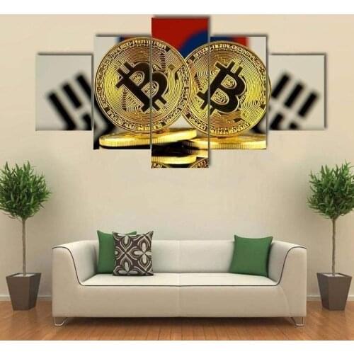 Unframed 5 Panel South Korea Flag Crypto Bitcoins Pictures Wall Art Home Decor Posters Canvas Printed Paintings for Living Room