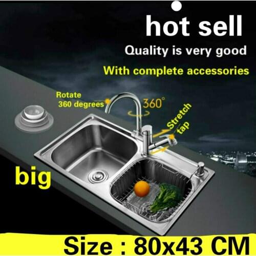 Free shipping 304 stainless steel double groove big kitchen sink wiredrawing xiancai basins 80x43 CM
