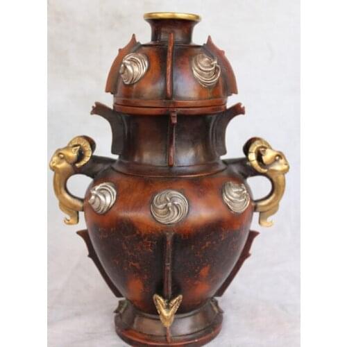 Bi001560 12" Chinese Silver Red Bronze Gilt Sheep Goat Zun Circle Vase Bowl Pot Sculpture