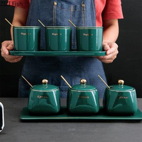 Household Seasoning Set Salt Shaker MSG Pot Dark Green Kitchen Utensils Ceramic Seasoning Box Seasoning Pot Art Home Decoration
