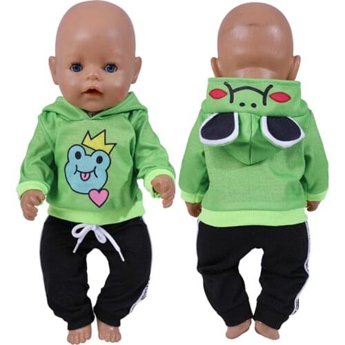 18 Inch Doll Clothes Cartoon Frog Hoodies Trousers New Born Baby Boy Clothes Sports Suit Toys for Girl 43 cm Reborn Doll Outwear
