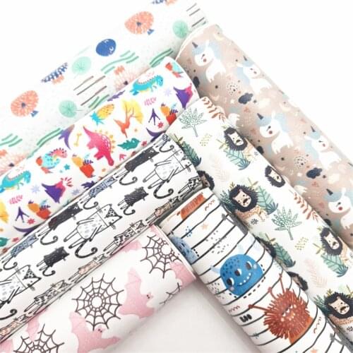 Fishes Monsters Cats Lions Printed Synthetic Leather Faux Fabric Sheets Felt Backing Vinyl For Earrings bag Bows DIY GM2307B
