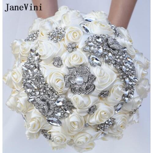 JaneVini 2020 Elegant Ivory Wedding Flowers Bridal Bouquets Crystals Artificial Satin Roses Wedding Brooch Bouquet Accessories