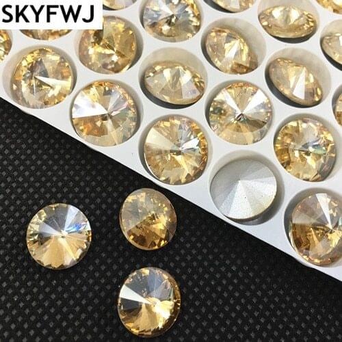 Gold champagne Color 6,8,10,12,14,16,18mm RIVOLI CRYSTAL POINTED BACK Rhinestones Round Glass Stone for Dress Making