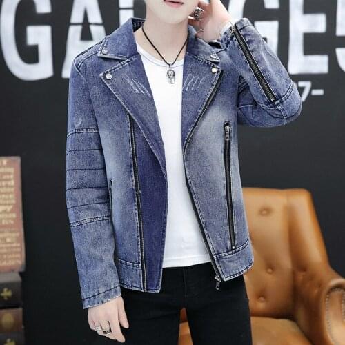 Fashion Mens Blue Denim Jacket Washed Jeans Coat Slim Fit Lapel Short Outwear Motorcycle Zipper Decoration Z11