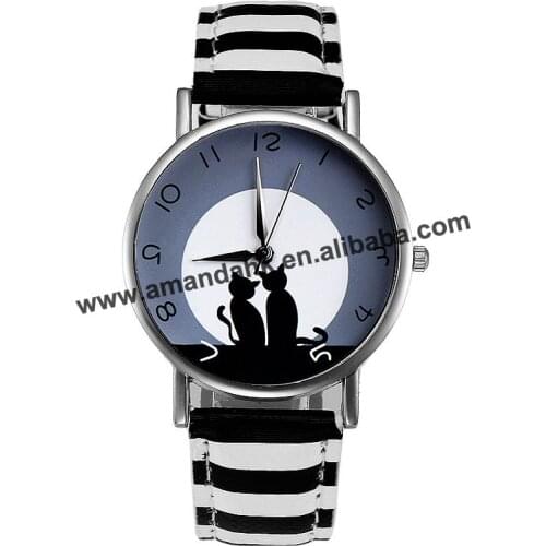 Fashion Women Casual Watches Hot Sale Silver Case Two Black Cat Watches Women Men Leather Quartz Dress Wrist Watch 8002