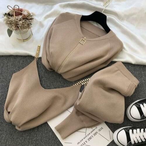 Moeroshe Women 2021 Autumn Winter Knitted Vest Zipper Cardigans Pants 3pcs Sets Tracksuits Outfits