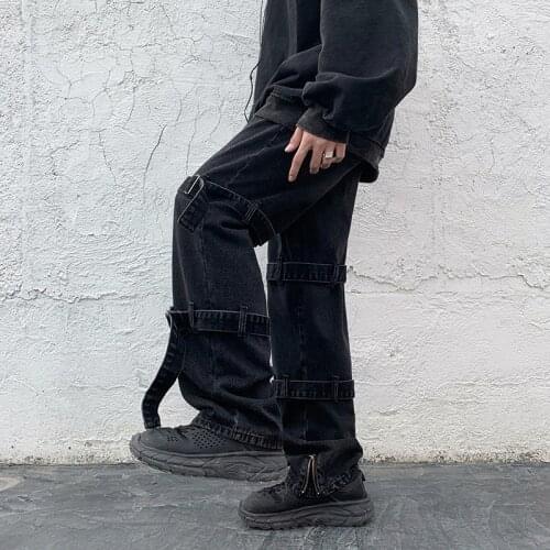 Men Clothing 2021 Spring Hong Kong Style Loose Large Size Straight Pants Elastic Waist Jeans Men Women Couple Overalls