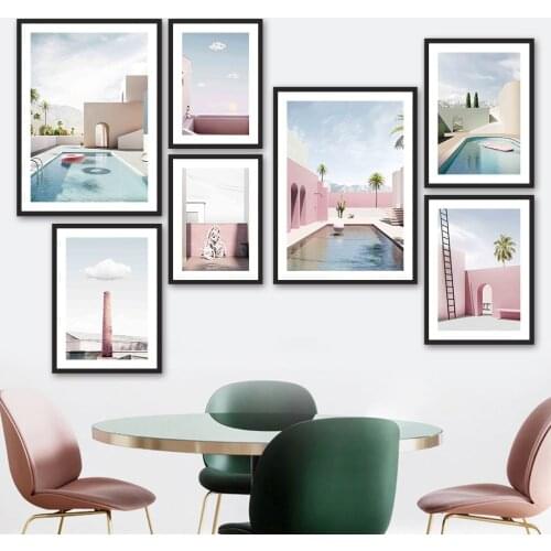 Swimming Pool Cloud Coconut Tree Mountain Wall Art Canvas Painting Nordic Posters And Prints Wall Pictures For Living Room Decor