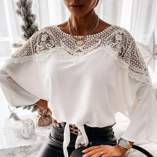 New Elegant Crochet Embroidery Lace Blouses Women Autumn Sexy Lace Stitching White Shirts Vintage Plus Size Ladies Tops Blusas