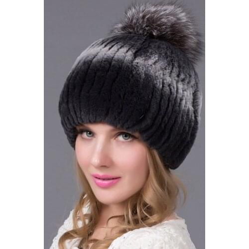 Autumn Winter Fur Hat Women Real Rex Rabbit Fur and Fox Fur Ball Cotton Lined Knit Hat Fashion Premium Warm Hat THY-31