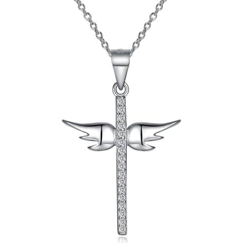 SILVERHOO 925 Sterling Silver Cute Angel Wing Cross Pendant Necklaces Women Clear 5A Cubic Zirconia Necklace Romantic Jewelry