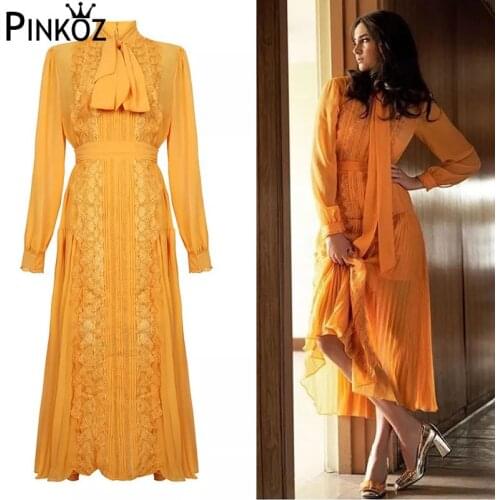 Pinkoz Autumn New Women Chiffon Lace Stitching Orange Dress Elegant Slim Casual With Pleated Dress Party Evening Max Dress