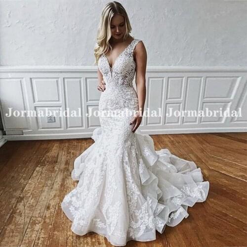 Luxury Lace Mermaid Wedding Dresses 2021 Ruffles Skirt Backless White Bridal Dress Sexy Transparent Vestidos De Noiva Long Dress