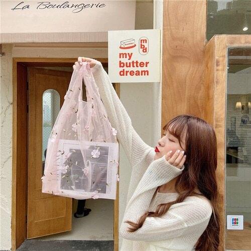 New Female Flower Embroidery Hand Bag Organza Casual Tote Mesh Shopping Bags Woman Handbags Folding Large Capacity Handbags