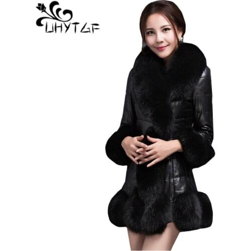UHYTGF M-7XL Oversized Winter Imitation Fur Coat high quality PU leather Jacket Womens fake Fox Fur Collar Slim warm Coats 1094