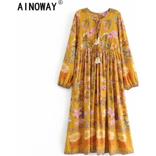 Vintage chic fashion bohemian women floral print flare sleeve midi dresses ladies ruffles cotton pleated boho dress vestidos