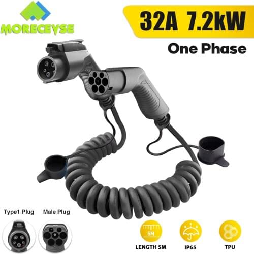 EVSE SAE J1772 EV Charging Coiled Cable For Stations Electric Car Spiral Charger Type1 To Type2 32A 7KW 5m Blue For KIA Soul