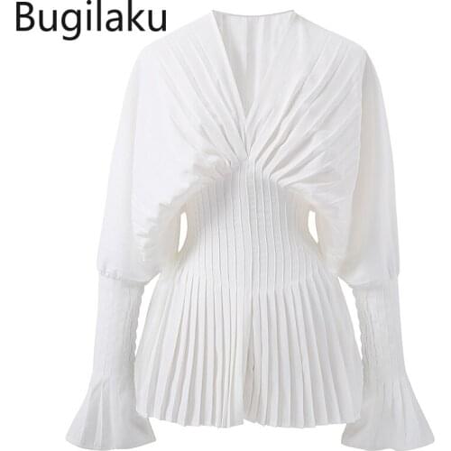 Bugilaku Korean Fashion White Blouse Women V Neck Slim Waist Long Sleeve Shirts Ruched Solid Color New Arrival Chic Blusas Mujer