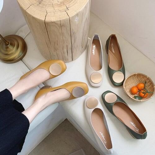 Women Flats Shoes Low Wooden Low Heel Ballet Square Toe Shallow Buckle Brand Shoes Slip on Loafers Zapatos De Mujer 2020 New