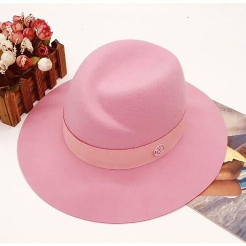 Autumn And Winter Ladies 100% Pure Woolen Wide Brim Top Hat Pink Winter Hat Derby Wedding Church Jazz Hat 55-58CM