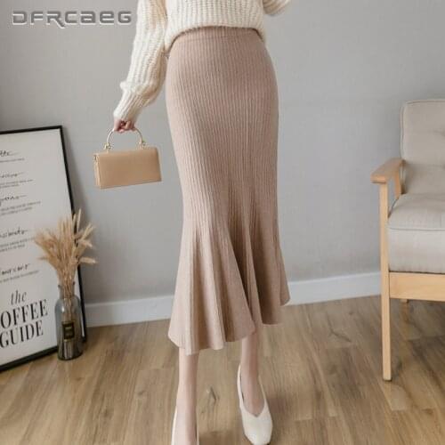 Khaki Thicken Knitted Mermaid Skirts Women 2021 Elastic Wasit Slim Casual Knitting Long Trumpet Skirt Female